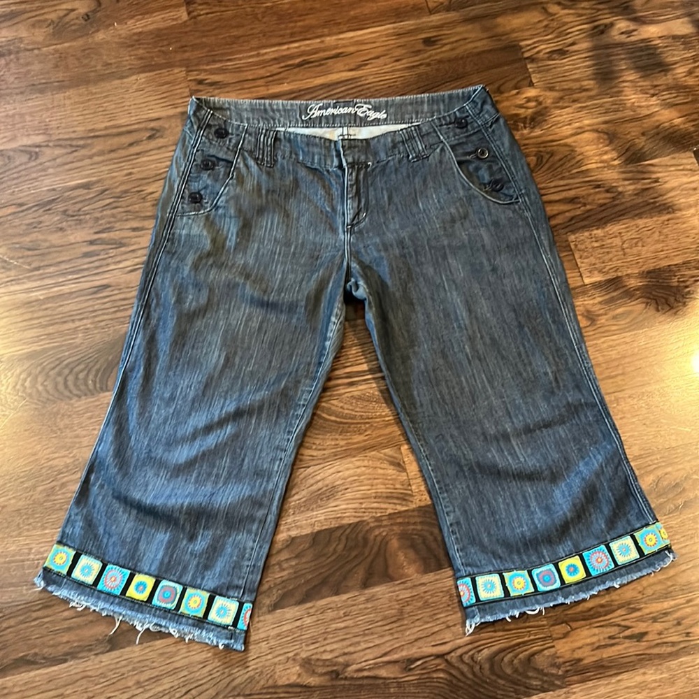 American Eagle Wide Leg Ankle Jeans/Capris with Ribbon Trim Raw Hem 14 S…